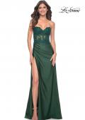 Picture of: Ruched Jersey Skirt with Lace Illusion Top and Rhinestone Prom Dress in Dark Emerald, Style: 32011, Detail Picture 7