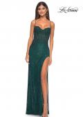 Picture of: Rhinestone Fishnet Gown with Lace Detail and High Slit in Dark Emerald, Style: 32218, Detail Picture 7