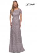 Picture of: Embroidered Lace Long Gown with Short Sleeves in Dark Mauve, Detail Picture 1