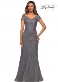 Picture of: Short Sleeve Lace Evening Dress with V Neckline in Dark Platinum, Style: 28099, Detail Picture 1