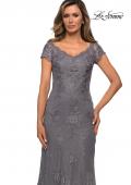 Picture of: Short Sleeve Lace Evening Dress with V Neckline in Dark Platinum, Style: 28099, Detail Picture 4