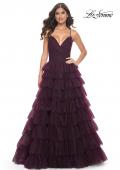 Picture of: A-Line Ruffle Tulle Gown with High Slit and Lace Up Back in Dark Berry, Style: 32086, Detail Picture 9