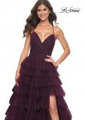 Picture of: A-Line Ruffle Tulle Gown with High Slit and Lace Up Back in Dark Berry, Style: 32086, Detail Picture 10