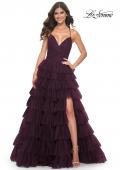 Picture of: A-Line Ruffle Tulle Gown with High Slit and Lace Up Back in Dark Berry, Style: 32086, Detail Picture 5