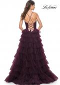 Picture of: A-Line Ruffle Tulle Gown with High Slit and Lace Up Back in Dark Berry, Style: 32086, Detail Picture 6