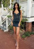 Picture of: Short Satin and Lace Cut Out Dress in Dark Teal, Style 33932, Detail Picture 5