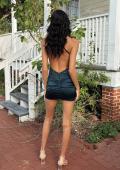 Picture of: Short Satin and Lace Cut Out Dress in Dark Teal, Style 33932, Detail Picture 6