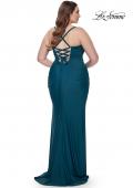 Picture of: Ruched Jersey Plus Dress with Lace Up Back in Dark Teal, Style: 32195, Back Picture