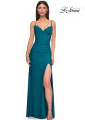 Picture of: Unique Jersey Prom Dress with Lace Panels and Scallop Neckline in Dark Teal, Style 32983, Main Picture