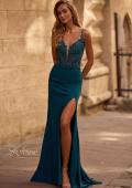 Picture of: Lace and Ruched Jersey Prom Dress with Deep V Neckline in Dark Teal, Style 33001, Main Picture