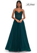 Picture of: Beautiful A-line Tulle Dress with Eyelet Neckline and Lace Top in Dark Teal, Style: 32594, Detail Picture 8