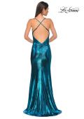 Picture of: Simple Metallic Jersey Dress with Draped Neckline and Low Back in Dark Teal, Style 32782, Detail Picture 8