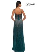 Picture of: Fitted Net Dress with Rhinestones and U Slit in Dark Teal, Style: 32840, Detail Picture 8