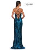 Picture of: Long Metallic Prom Dress with Ruching and Rhinestone Draped Neckline in Dark Teal, Style: 33032, Detail Picture 8