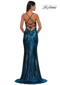 Picture of: Ruched Prom Dress with Metallic Lace and Fabric in Dark Teal, Style: 33059, Detail Picture 8