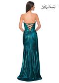 Picture of: Strapless Chic Metallic Jersey Dress with Draped Slit in Dark Teal, Style 32830, Detail Picture 9