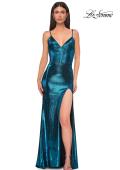 Picture of: Fitted Metallic Jersey Prom Dress with Corset Style Top in Dark Teal, Style 32877, Detail Picture 9