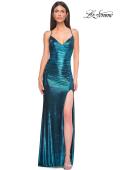 Picture of: Ruched Metallic Jersey Dress with Open Lace Up Back in Dark Teal, Style 32945, Detail Picture 9