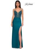 Picture of: Lace and Ruched Jersey Prom Dress with Deep V Neckline in Dark Teal, Style 33001, Detail Picture 9