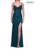 Picture of: Lace Fitted Gown with Sheer Corset Back and High Slit in Dark Teal, Style: 33305, Detail Picture 9