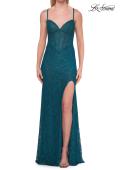 Picture of: Lace Fitted Gown with Slit and Crisscross Open Back in Dark Teal, Style: 33381, Detail Picture 9