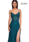 Picture of: Stretch Satin Prom Dress with Eyelet Detail Neckline in Dark Teal, Style 32671, Detail Picture 10