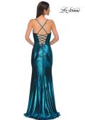 Picture of: Fitted Metallic Jersey Prom Dress with Corset Style Top in Dark Teal, Style 32877, Detail Picture 10