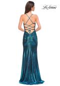Picture of: Ruched Metallic Jersey Dress with Open Lace Up Back in Dark Teal, Style 32945, Detail Picture 10