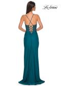 Picture of: Lace and Ruched Jersey Prom Dress with Deep V Neckline in Dark Teal, Style 33001, Detail Picture 10