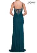 Picture of: Lace Fitted Gown with Sheer Corset Back and High Slit in Dark Teal, Style: 33305, Detail Picture 10
