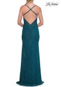 Picture of: Lace Fitted Gown with Slit and Crisscross Open Back in Dark Teal, Style: 33381, Detail Picture 10