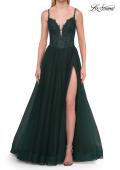 Picture of: Rhinestone Lace A-Line Gown with Sheer Bodice and Slit in Dark Teal, Style: 33674, Detail Picture 10
