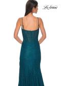 Picture of: Stretch Satin Prom Dress with Eyelet Detail Neckline in Dark Teal, Style 32671, Detail Picture 11