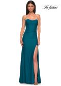 Picture of: Jersey Long Prom Dress with Ruching and Chic Rhinestone Neckline in Dark Teal, Style 32756, Detail Picture 11
