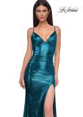 Picture of: Brushed Metallic Jersey Simple Prom Dress with Ruching in Dark Teal, Style 32812, Detail Picture 11