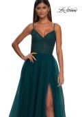 Picture of: Beautiful A-line Tulle Dress with Eyelet Neckline and Lace Top in Dark Teal, Style: 32594, Detail Picture 12