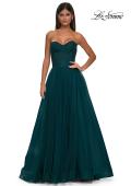 Picture of: A-line Tulle Gown with Lace Corset Bodice and Slit in Dark Teal, Style: 32579, Detail Picture 13