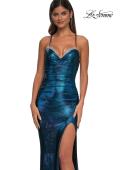 Picture of: Long Metallic Prom Dress with Ruching and Rhinestone Draped Neckline in Dark Teal, Style: 33032, Detail Picture 13