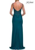 Picture of: Rhinestone Lace Bodice Jersey Gown with Slit and Low Back in Dark Teal, Style: 33439, Detail Picture 13