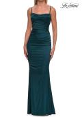 Picture of: Straight Neck Satin Gown with Lace-Up Back in Dark Teal, Style: 33604, Detail Picture 13