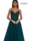 Picture of: Beautiful A-line Tulle Dress with Eyelet Neckline and Lace Top in Dark Teal, Style: 32594, Detail Picture 14