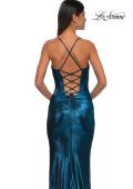 Picture of: Long Metallic Prom Dress with Ruching and Rhinestone Draped Neckline in Dark Teal, Style: 33032, Detail Picture 14