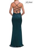 Picture of: Straight Neck Satin Gown with Lace-Up Back in Dark Teal, Style: 33604, Detail Picture 14