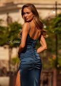 Picture of: Satin Fitted Gown with High Slit and Adjustable Spaghetti Straps in Dark Teal, Style: 33413, Detail Picture 15