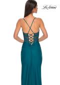 Picture of: Lace and Ruched Jersey Prom Dress with Deep V Neckline in Dark Teal, Style 33001, Detail Picture 16