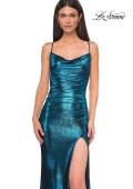 Picture of: Simple Metallic Jersey Dress with Draped Neckline and Low Back in Dark Teal, Style 32782, Detail Picture 17