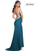 Picture of: Illusion Lace Bodice Prom Dress with Rhinestones in Dark Teal, Style: 31988, Back Picture