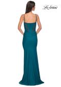 Picture of: Unique Jersey Prom Dress with Lace Panels and Scallop Neckline in Dark Teal, Style 32983, Back Picture
