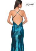 Picture of: Simple Metallic Jersey Dress with Draped Neckline and Low Back in Dark Teal, Style 32782, Detail Picture 18