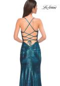 Picture of: Ruched Metallic Jersey Dress with Open Lace Up Back in Dark Teal, Style 32945, Detail Picture 18